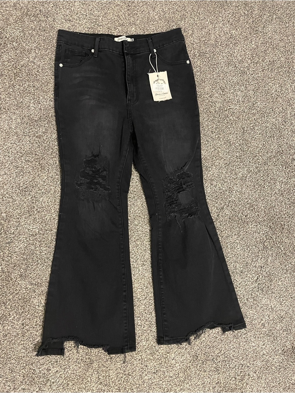Black Distressed Flare Jeans with Raw Hem